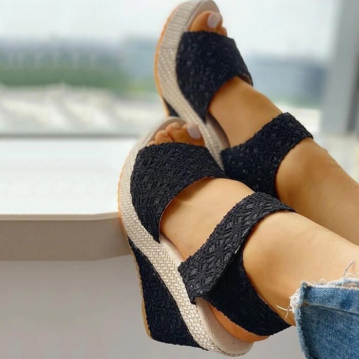 Sandales à talons compensés pour femmes, chaussures d'été à plateforme, en dentelle, à la , à bout ouvert, pour mariage, décontracté, grande taille