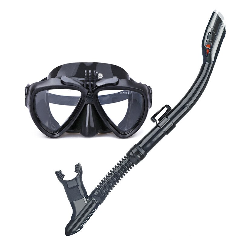 Professionele Duikbril Scuba Snorkel Zwemmen Goggle Droog Snorkel Buis Set Mannen Vrouwen Anti-Fog Bril Met Camera Gopro houder: Black