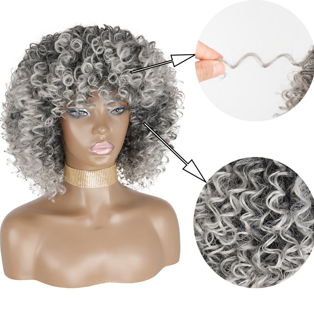 AZQUEEN Synthetic Afro Kinky Curly Wigs Short Curly Wig For Women With Bangs Mixed Black and Gray Wig for Black Women