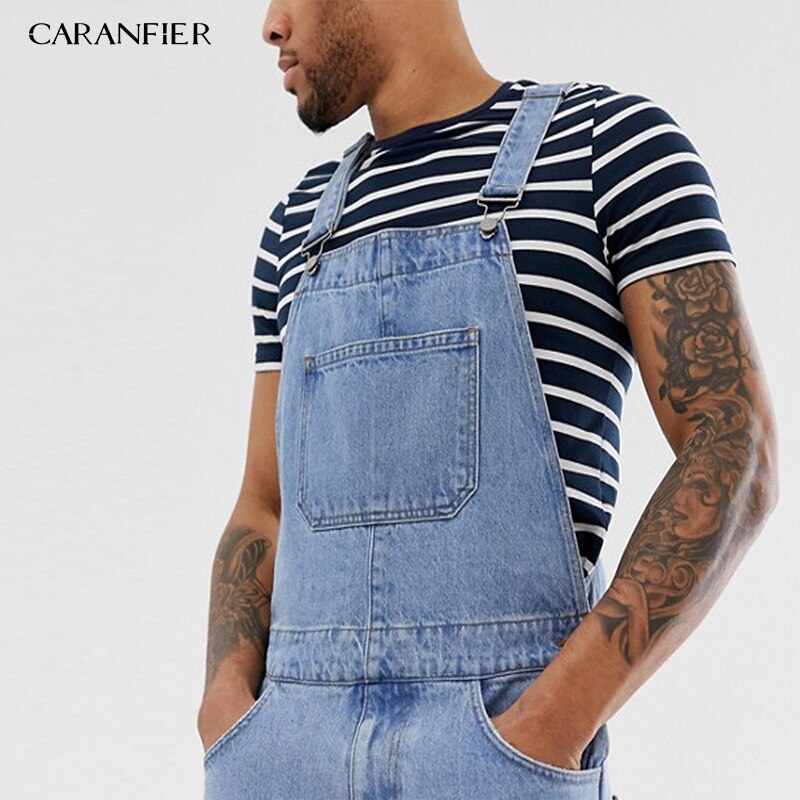 CARANFIER-Mono vaquero con tirantes para hombre, pantalones cortos rasgados a la , color azul y negro, verano,