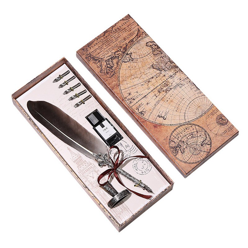 Luxury Fountain Pen Set Colorful Vintage Feather Pen Classic Calligraphy Ink Pens Dip Quill for Student Writing Pen Box set: 18