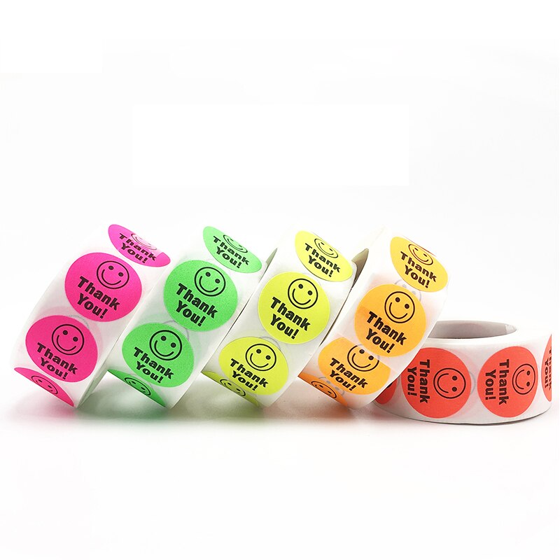 1 Roll/500Pcs Smiley Gezicht Stickers Gelukkig Gezicht Dank U Sticker Roll Cirkel Stippen Papieren Etiketten Beloning Stickers leraren Sticker