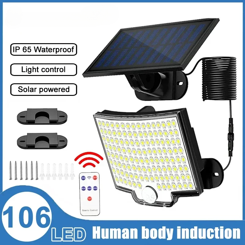 Lámpara Solar dividida 106LED, 3 modos de iluminación, decoración exterior, luz Solar, luz de pared, Sensor de movimiento PIR, lámpara impermeable para jardín y garaje