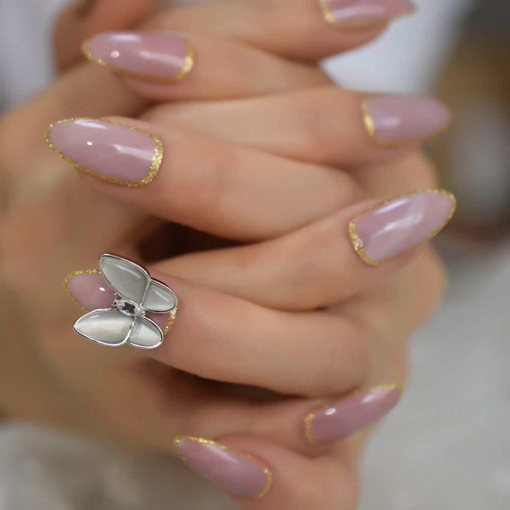 Legeret sommerfugl nail art falske negle marmor medium stilleto tryk på fingernegle med guld streg: L5640
