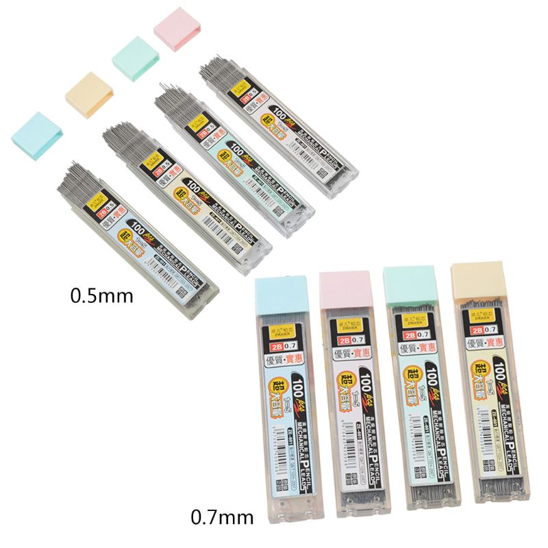 100 stk/eske 0.5mm/0.7mm grafittledning 2b mekanisk blyantrefill plast automatisk blyantstift