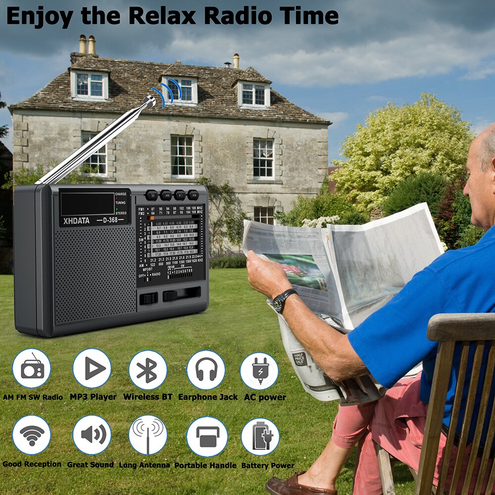 XHDATA – Radio FM Portable BT D-368, récepteur Radio stéréo 12 bandes, sans fil, Bluetooth de poche, compatible USB TF, lecteur MP3