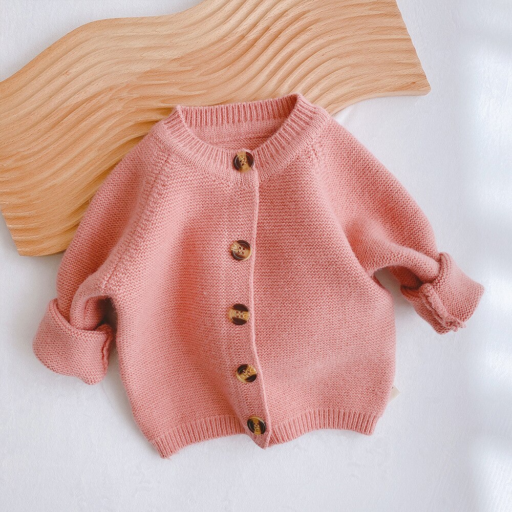 Hiver enfants tricot chandails coréenne tout-match de couleur unie pull bébé filles garçons Cardigan pull veste Bebe manteau: Rose / 73-6-12M