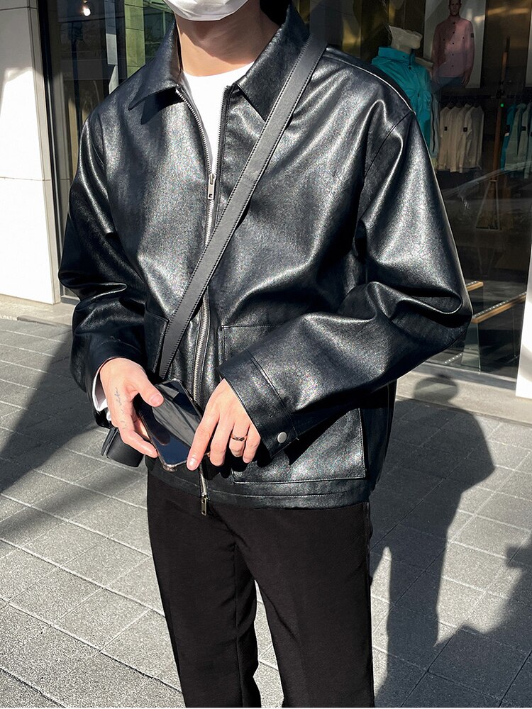 IEFB Korean Style Biker Lapel Men PU Leather Jacket 2022 Spring Black Zipper Coats Simple Chic Loose Jackets 9A1170