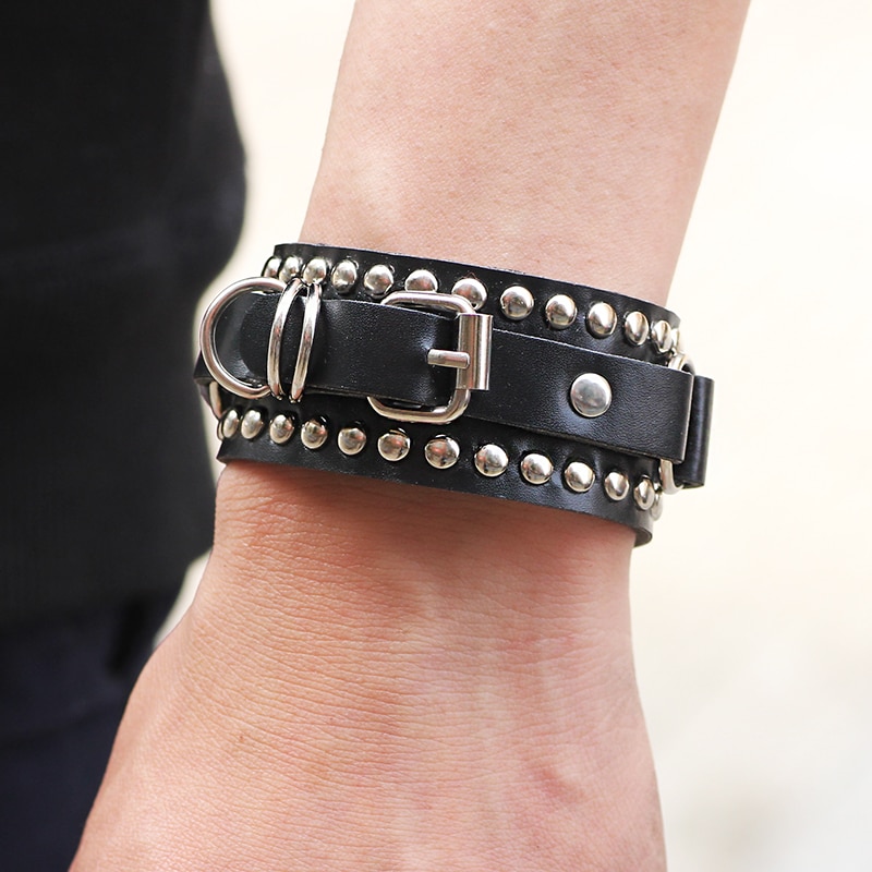 Womens Mens Punk Metal Rivets Wide Leather Bracelets with adjustable buckle,Rock & Roll Leather Bracelets