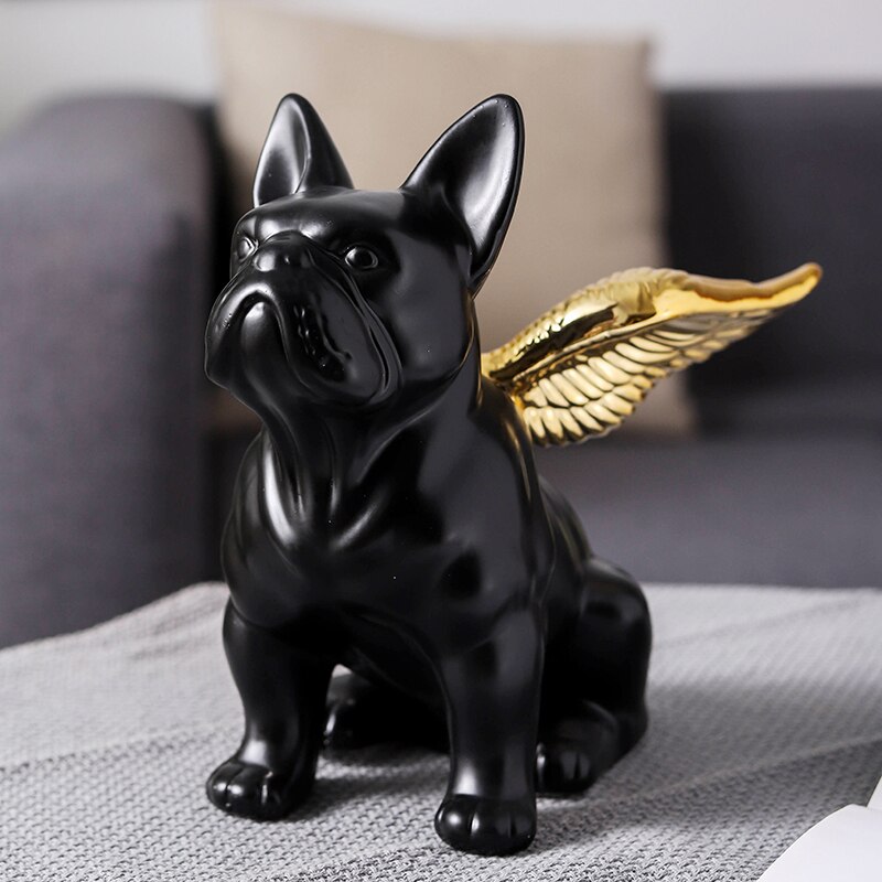 Estatua de BULLDOG Francés, animales, alas doradas, perro negro, escultura artística de cerámica, artesanía nórdica, adorno moderno para decoración del hogar R4312