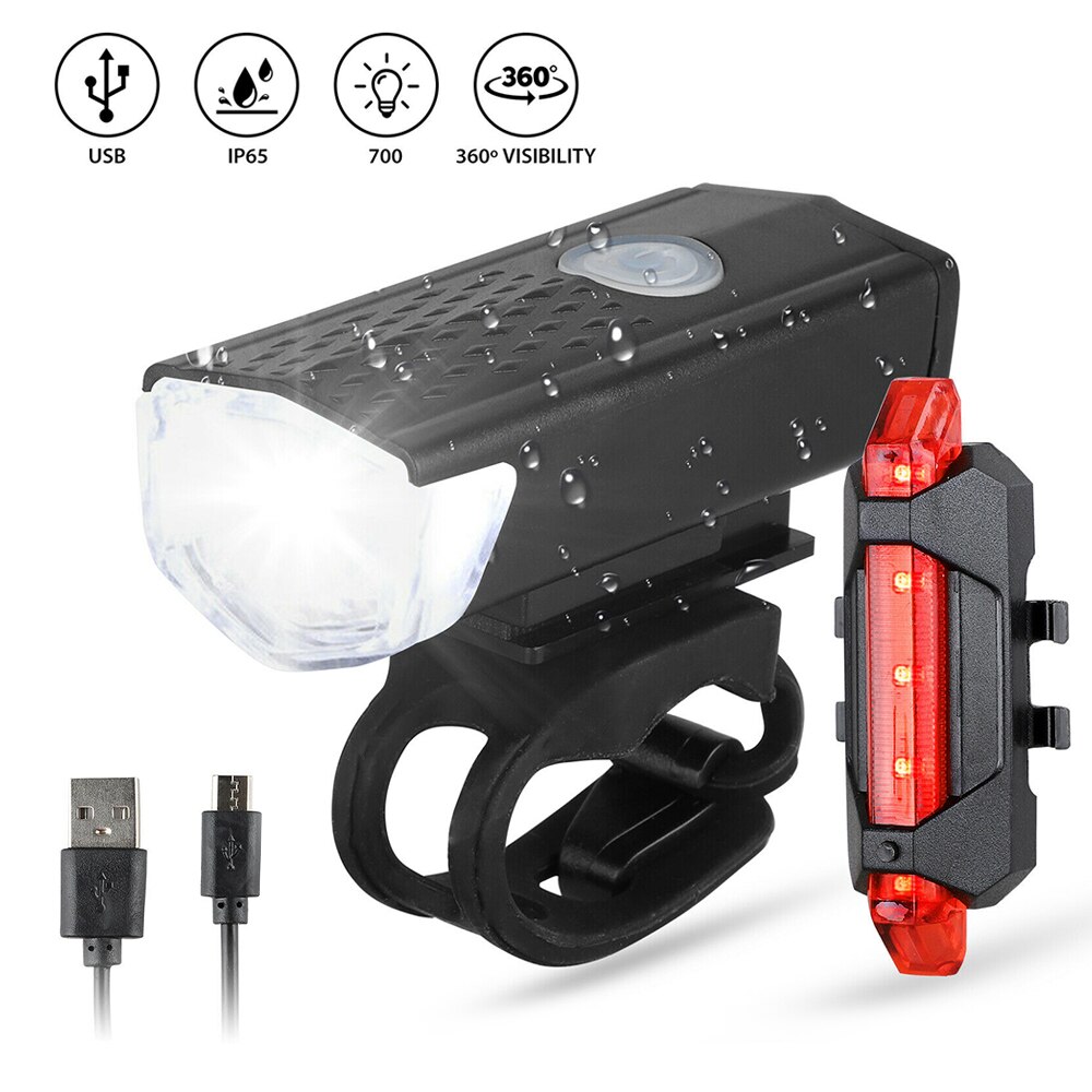 Faro delantero y trasero para bicicleta de montaña, luz LED recargable vía USB, luz de advertencia de seguridad, resistente al agua: Set B