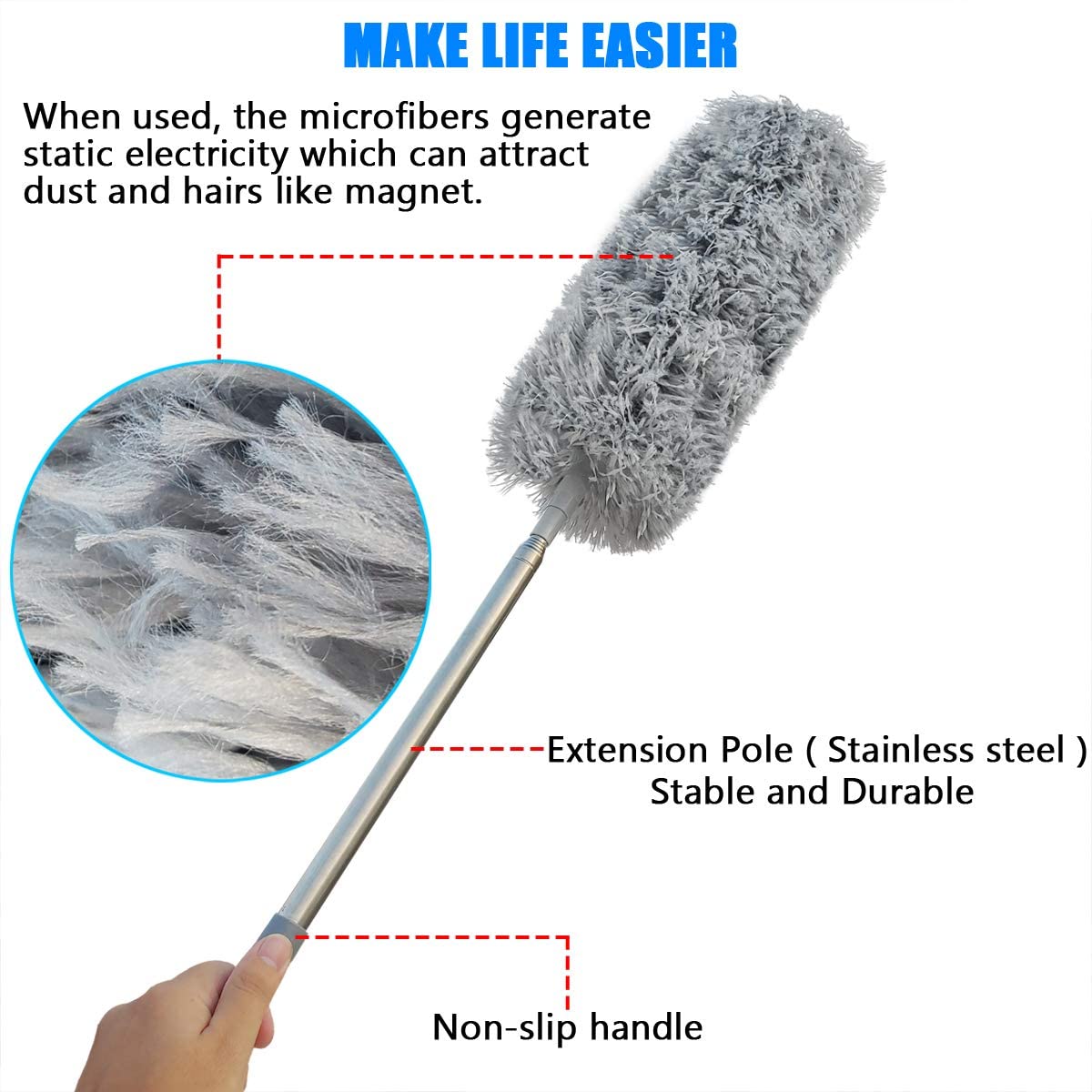 Ekstra lang mikrofiber støvsuger med teleskopisk forlængerstang og bøjeligt vaskbart hoved, fnugfri støvsuger til rengøringsværktøj til hjemmet