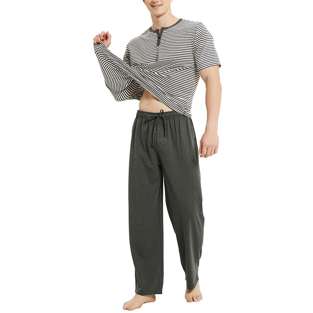 Conjunto de pijamas rayados horizontales para hombre, ropa de dormir de 2 uds, Tops de manga corta a rayas + Pantalones largos sólidos, pantalones sueltos