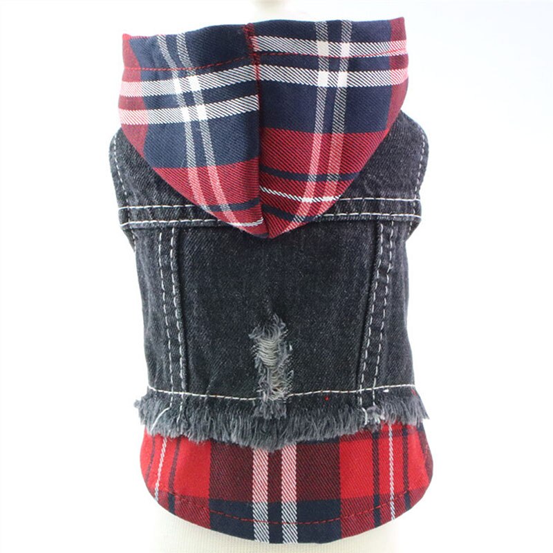 Chaqueta vaquera para perros y gatos, chaleco con capucha para perros y mascotas, chaqueta con sombrero a cuadros, ropa de Primavera/otoño: Red Plaid Hat / XS