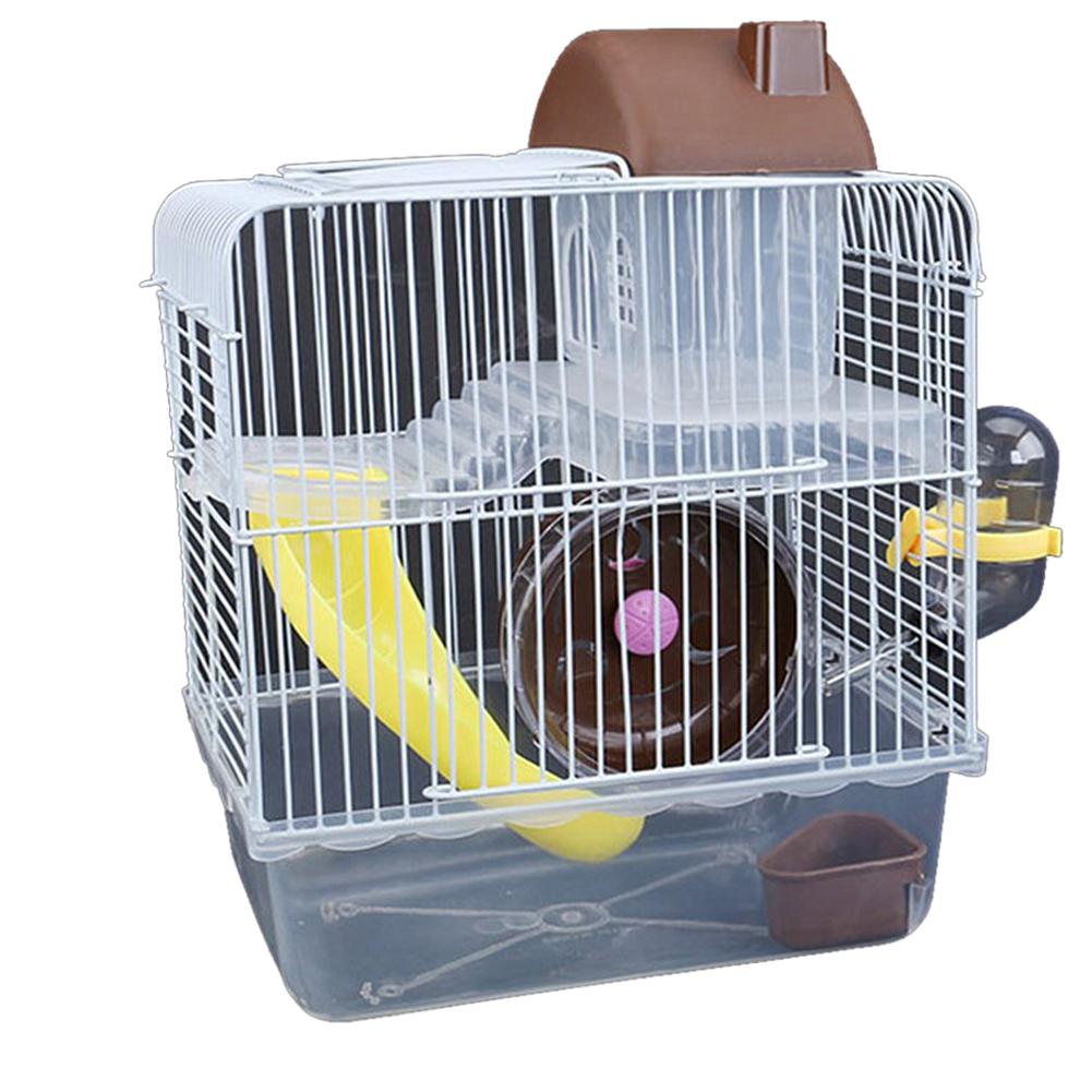 Double Layer Villa Shape Iron Wire Cage with Feeding Bowl Running Wheel Slide Toy for Pet Hamster 23 * 17 * 28 Cm: Brown