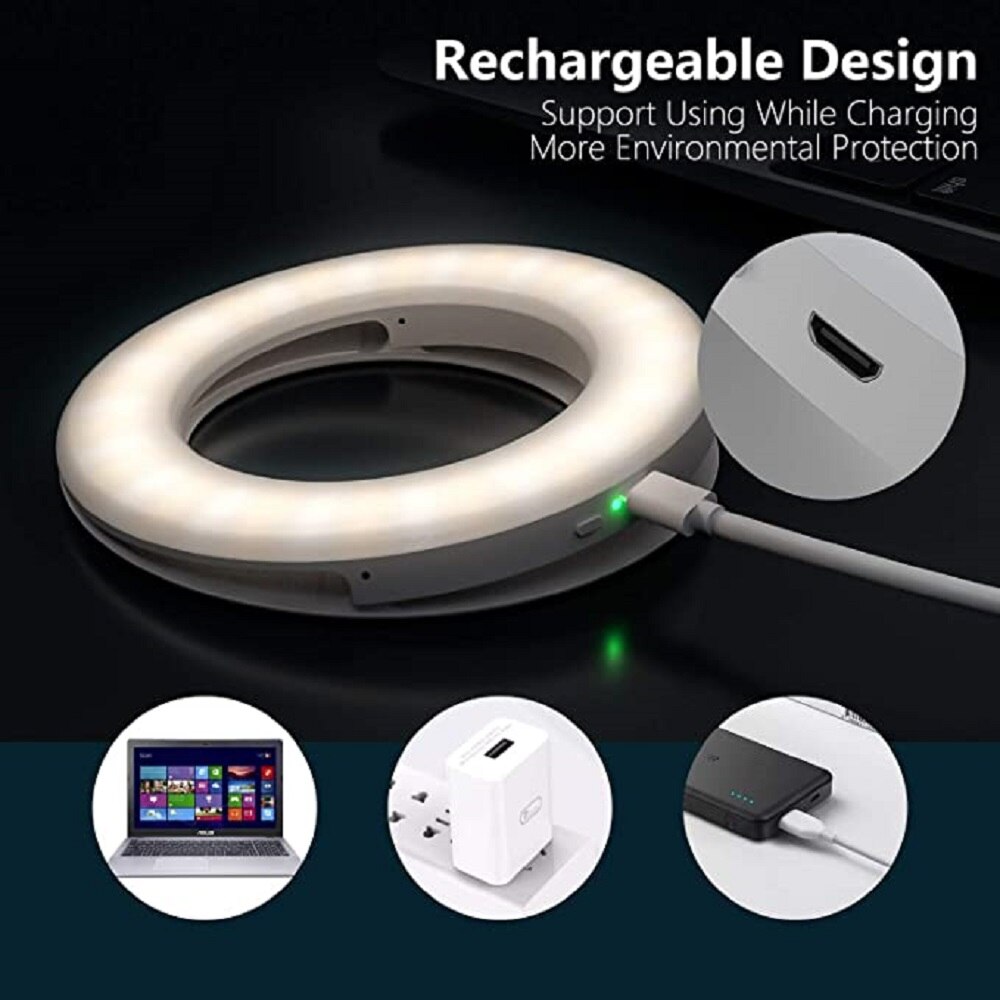 Anillo de luz Círculo LED para selfis, Mini, recargable, 3 modos de luz, maquillaje, relleno, para teléfono móvil, tableta, portátil, fotografía y vídeo