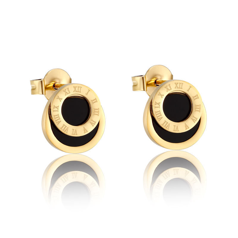 Brincos de algarismos romanos esmaltados pretos de alta qualidade para mulheres/homens meninas joias piercing titânio aço cor dourada brinco: Imitação de ródio chapeado