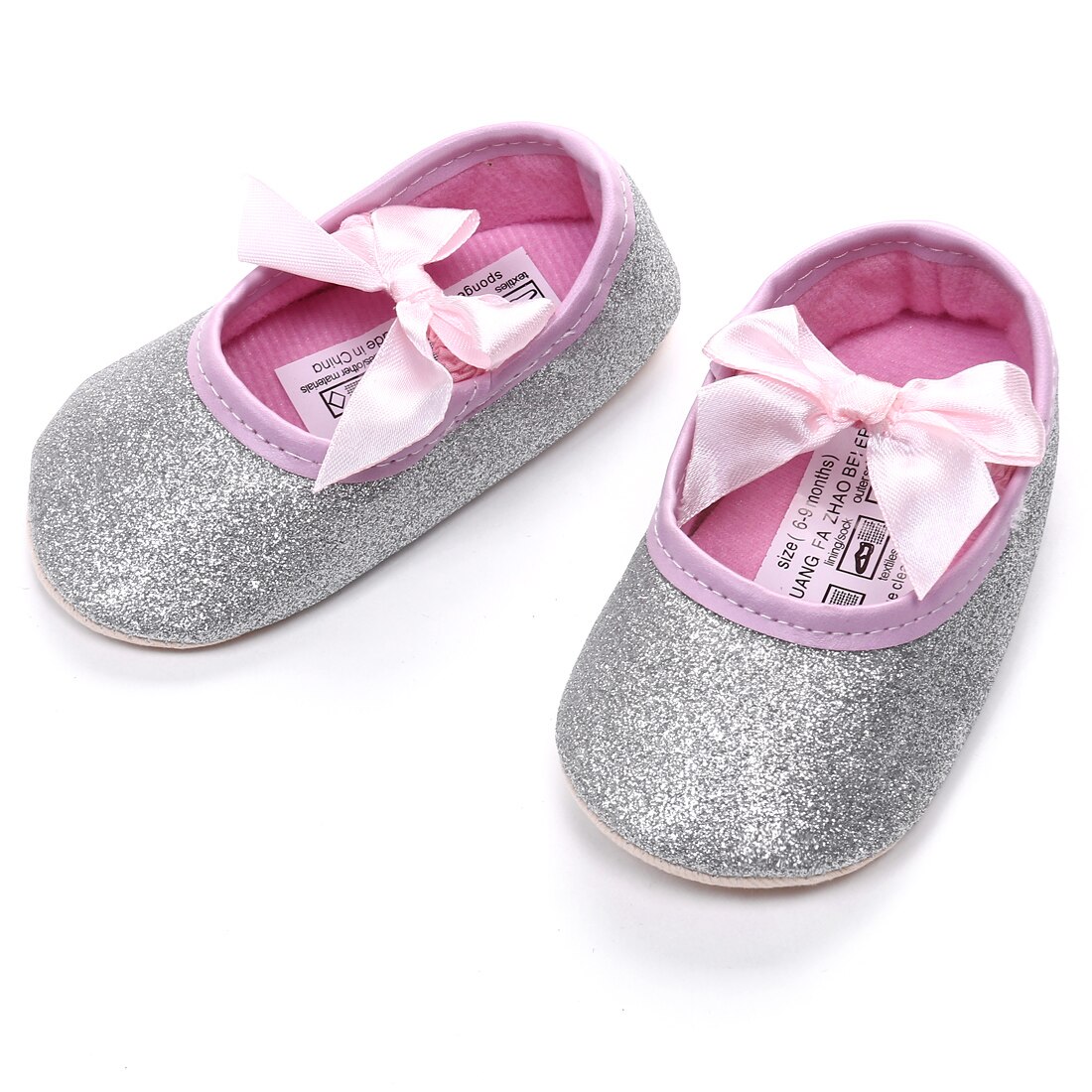 0-18M Newborn Baby Toddlers Bowknot Soft Ribbon Girl Glitter Crib Princess Paillette Shoes Anti-slip Soft Sole Prewalker: Silver / 13-18 Months