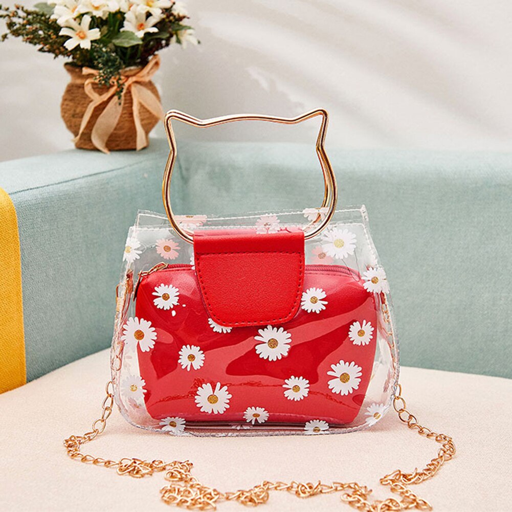 Schouder Waterdichte Draagbare Voor Vrouwen Casual Daisy Patroon Keten Transparant Crossbody Handtas Messenger Met Inner Pouch: Rood