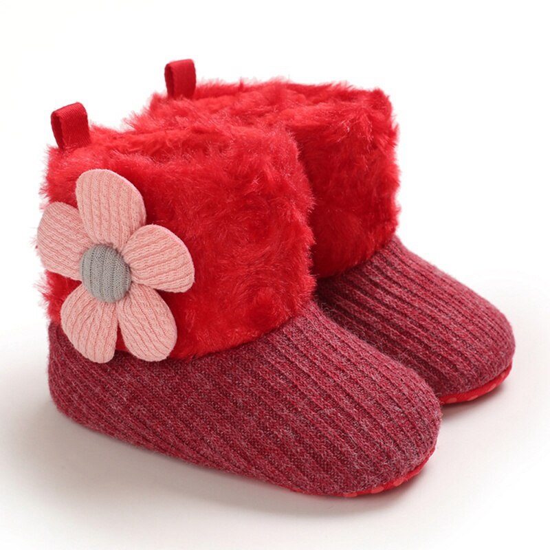 Winter Cute Baby Boy Girl Flower Cotton Knitting Boots Casual Shoes First Walker Non-slip Soft Sole Shoe 0-18M: R / -L