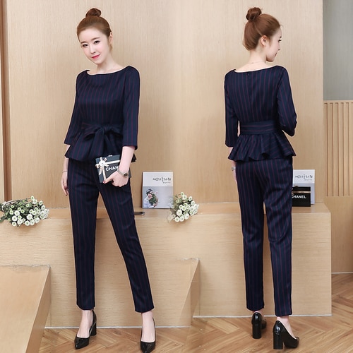 Blue Striped Office Two Piece Set Women Long Sleeve Tops With Belt+pants Trousers Ladies Korean Sets Suits Women's Clothing