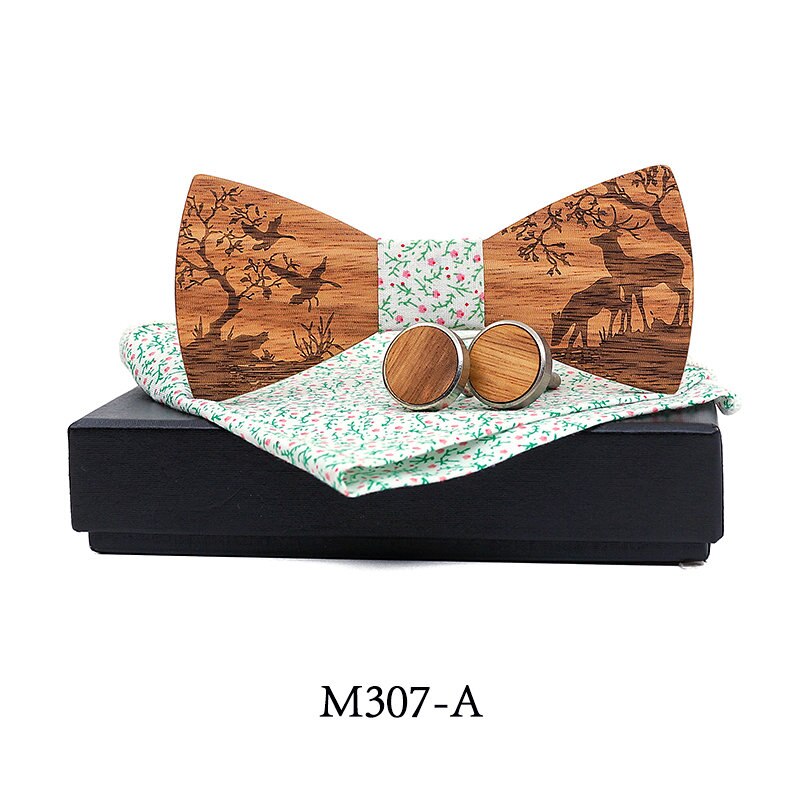 Conjunto de pajarita de madera + pañuelo + gemelos, pajaritas de madera Para el novio de boda, corbatas Para el hogar, bodas, alces de Navidad: M307-A