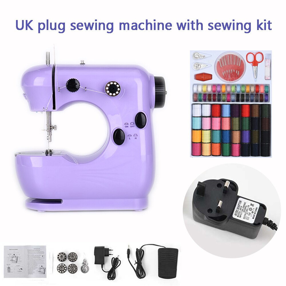 Sewing Machine Mini Portable Electric Household Pedal Multifunctional With Night Light Handmade DIY Purple For Beginners: UK plug with kit
