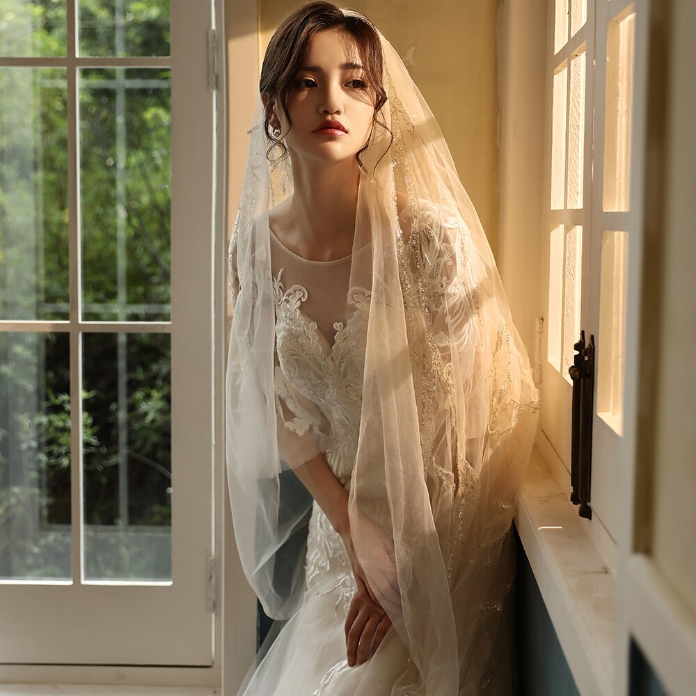 Champagne 3 meters wide 4 meters long high-end yarn champagne and rice white lightning flash branches metal dazzling bride veil