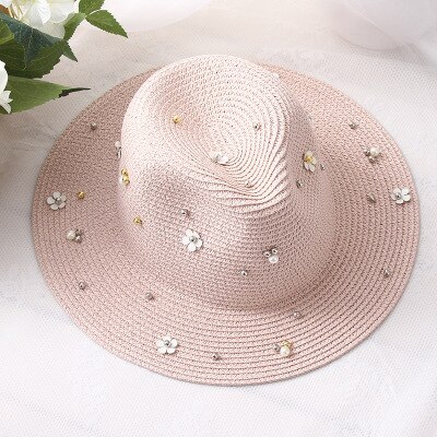 2018 Nuove Donne di Estate All'aperto Cappelli da Sole Solido Grande di Paglia Tesa Traspirante Cappello di Snapback Regolabile Della Perla di Modo Tappo Superiore Per della signora: pink