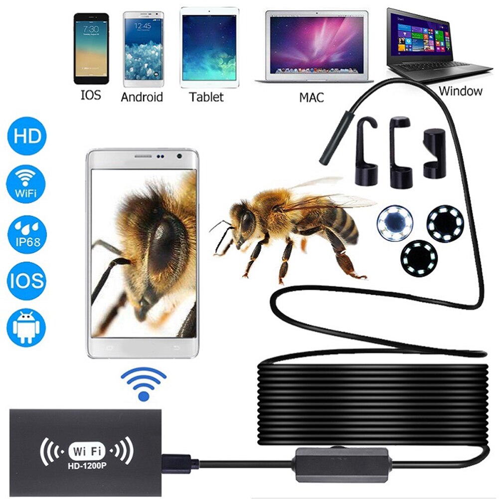 Mini camera 1200p 8mm slang inspectie hd industriële  ip68 waterdichte 8 leds wifi endoscoop voor android draadloze endoscoop: Zwart