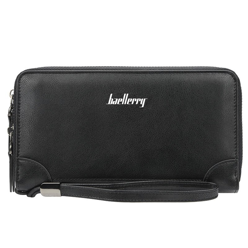 Baellery Long Wallet Men Double Zipper Coin Pocket Purse Men Wallets Casual Business Card Holder Vintage Large Wallet: Black