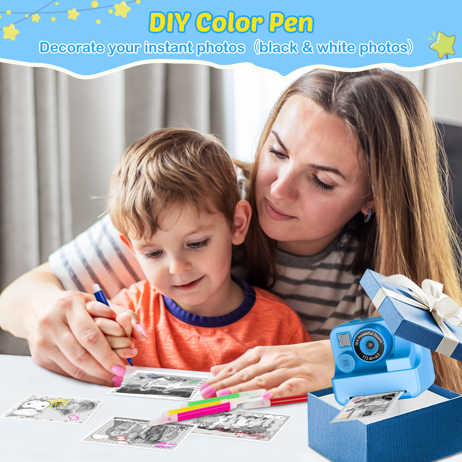 Bee Kids Camera Instant Camera 1080P HD Dual Lens Selfie Digitale Camera Print voor Meisjes Jongens Kerst Verjaardagscadeautjes Speelgoed