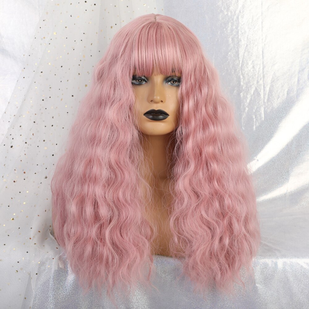 ALAN EATON Long Wavy Women Wigs High Temperature Fiber Synthetic Wigs Long Hair Cosplay Wigs Pink Wig with Bangs Lolita Cosplay