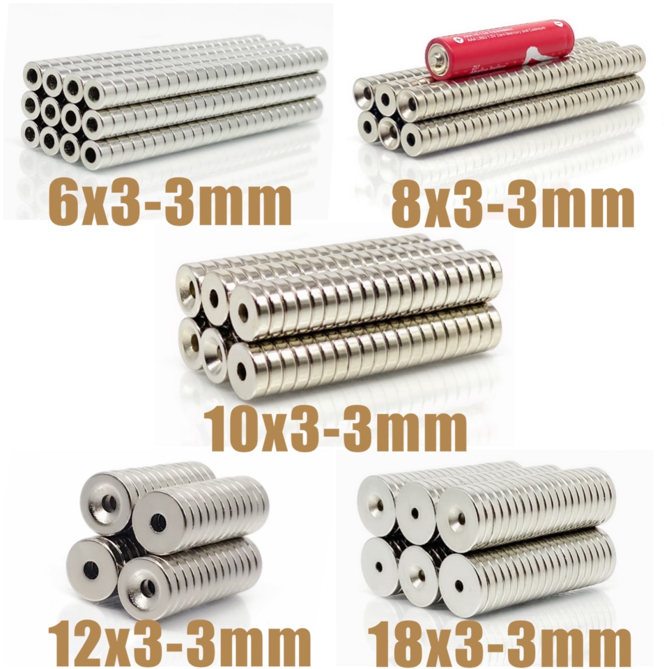10 ~ 200 pièces 6x3 8x3 10x3 12x3 18x3 trou 3 N35 NdFeB fraisé rond aimant Super puissant fort Permanent magnétique imane disque