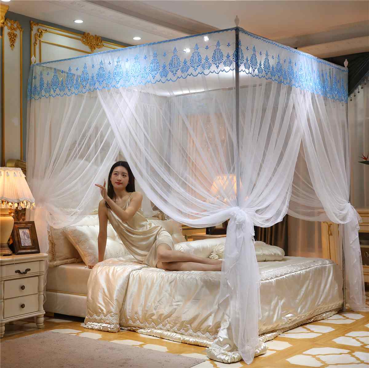 pink quadrate mosquito net palace net with iron tube frame floor-nets romantic lace bed netting blue three-door moustiquaire
