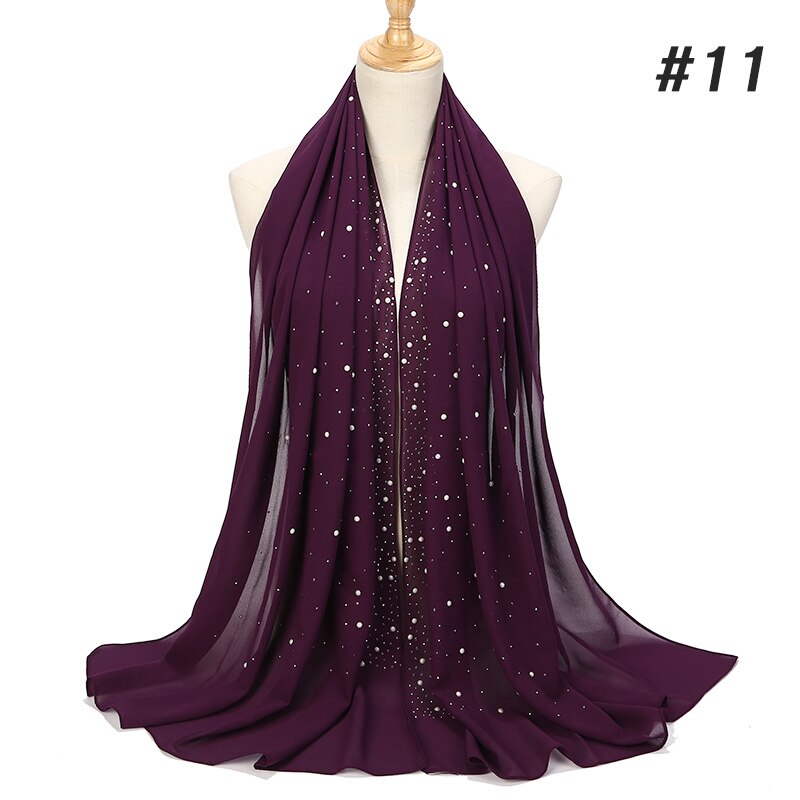 1 Pc Vrouwen Bellen Chiffon Sjaal Met Diamant Studs Parels Sjaal Vlakte Hijab Sjaals Wraps Effen Kleur Moslim hijab Sjaal: color11