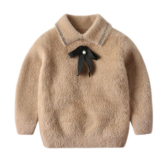 Tjejtröjor bra stickad tröja höst vinter baby varm tjock långärmad rosett tröja barnkläder: T0270- khaki / 7