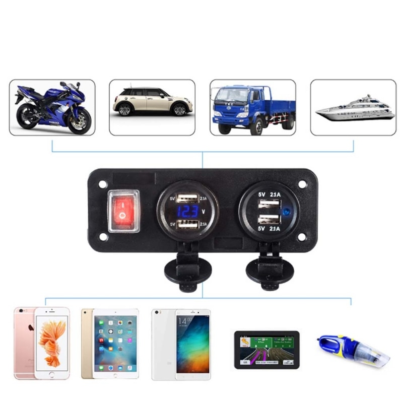 12V 24V 4 USB Charger Adapter LED Voltmeter With Switch Panel for Car Boat Truck