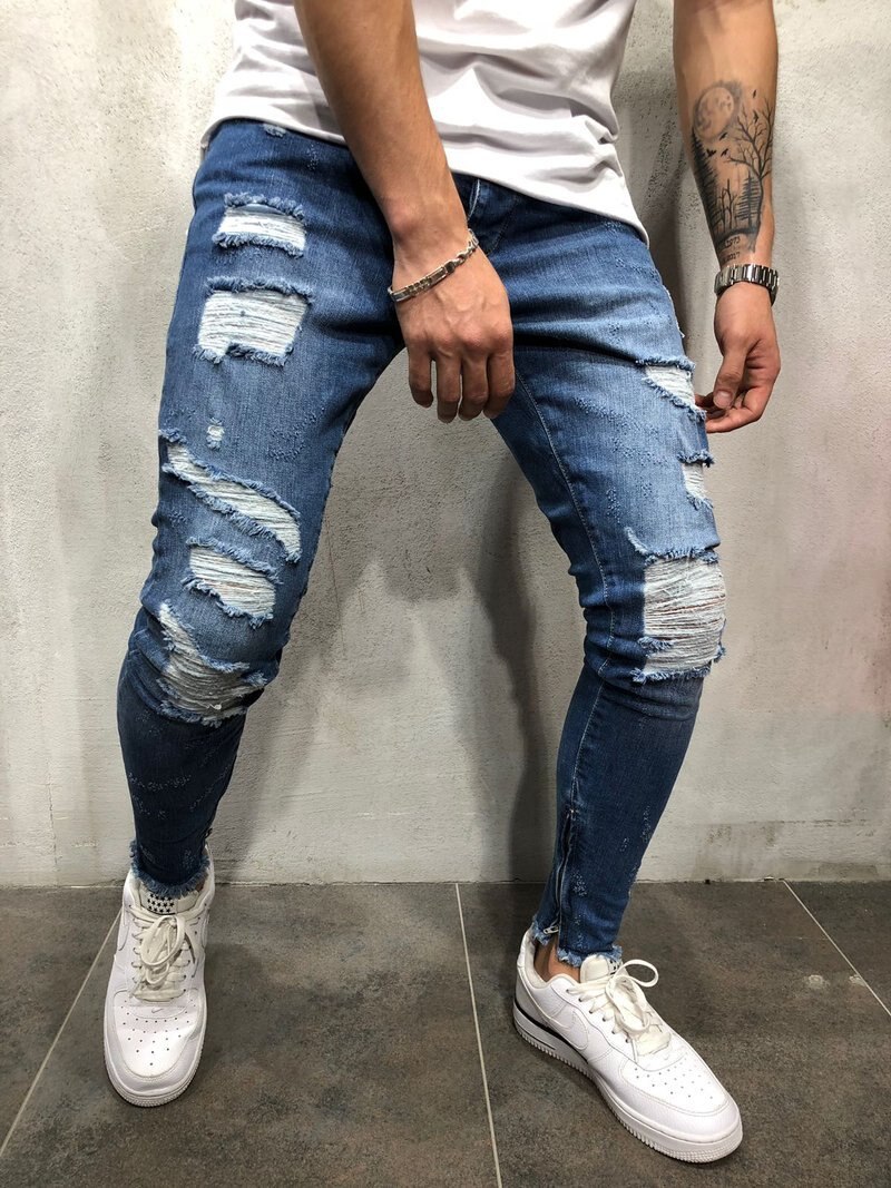 Homme jean slim motard détruit effiloché coupe Denim déchiré Denim pantalon rayure latérale Jogging crayon pantalon