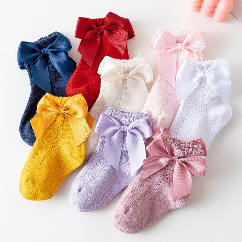 Cute Bowknot Baby Socks Newborn Summer Soft Cotton Baby Girls Socks Solid Color Breathable Kids Mesh Socks