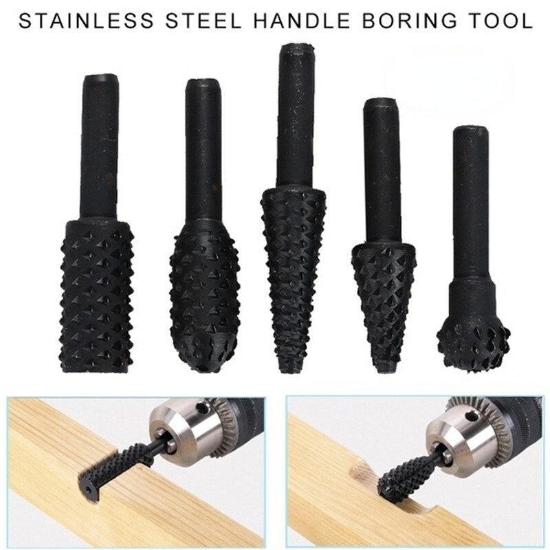 5pcs Steel Rotary Rasp File 1/4" Shank Rotary Craft Files Rasp Burrs Wood Bits Grinding Power Woodworking Hand Tools Drill Bits