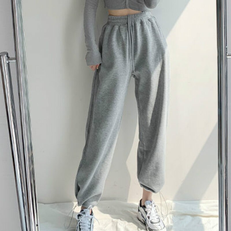 Casual Hosen Frauen 5 Farben Koreanischen Stil Weiblichen Feste Studenten Frühjahr Kordelzug Lose Mujer Hipster Gerade Hosen Täglichen Kpop: gray / M
