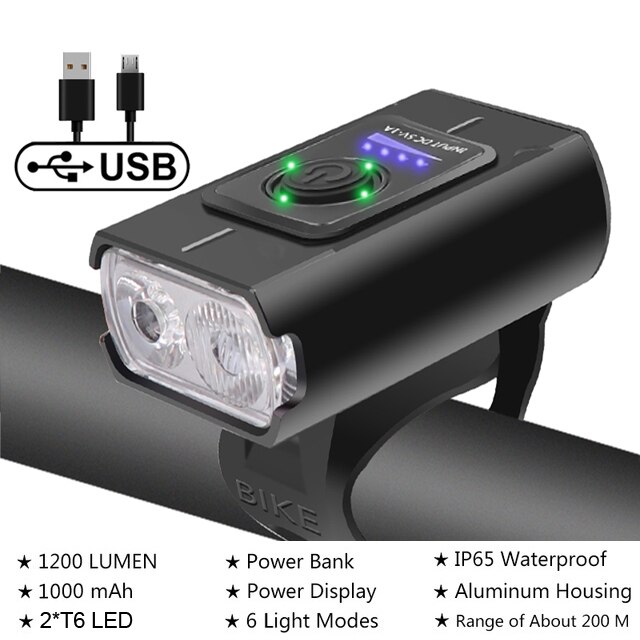 NEWBOLER-faro delantero para bicicleta de montaña, linterna de 1200 lúmenes, batería externa de 5200mAh, recargable vía USB, resistente al agua IPX5: NB-LIG505A