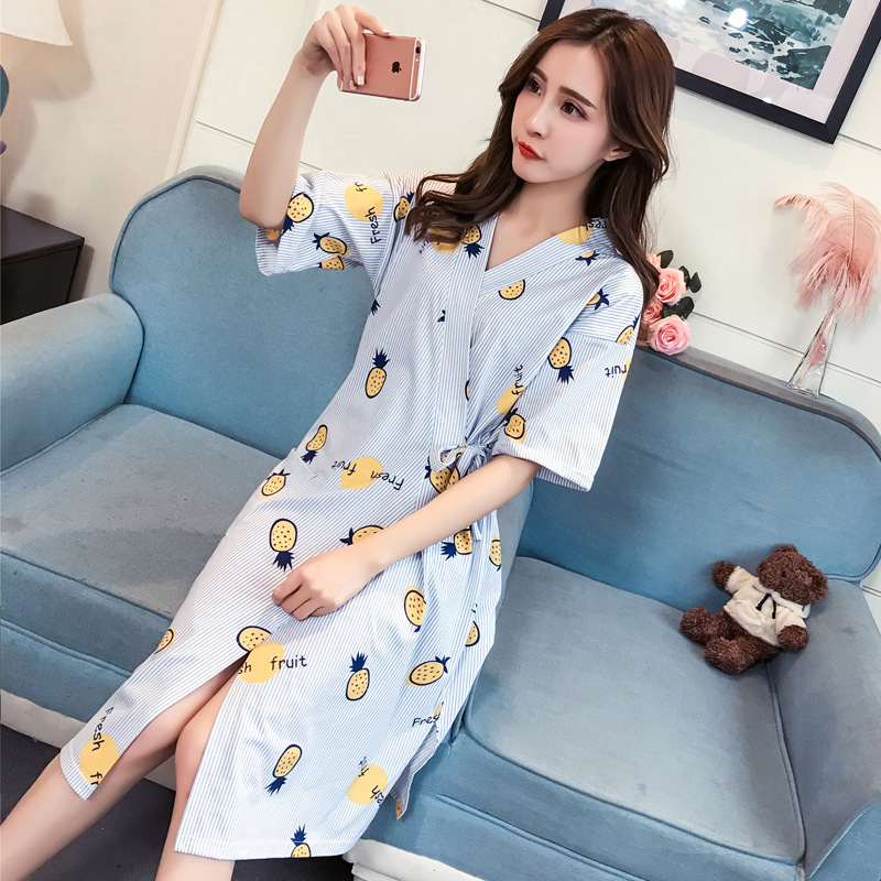 Summer Kimono Robe High-End Cotton Double Layer Gauze WOMEN'S Cardigan Pajamas Short Sleeved Robe Bathrobe