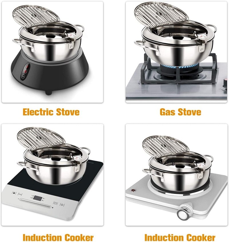 Deep Frying Pan Japanese Tempura Deep Fryer Stainless Steel Frying Pot with Lid &Thermometer Kitchen Non-stick Coating Fryer Pan