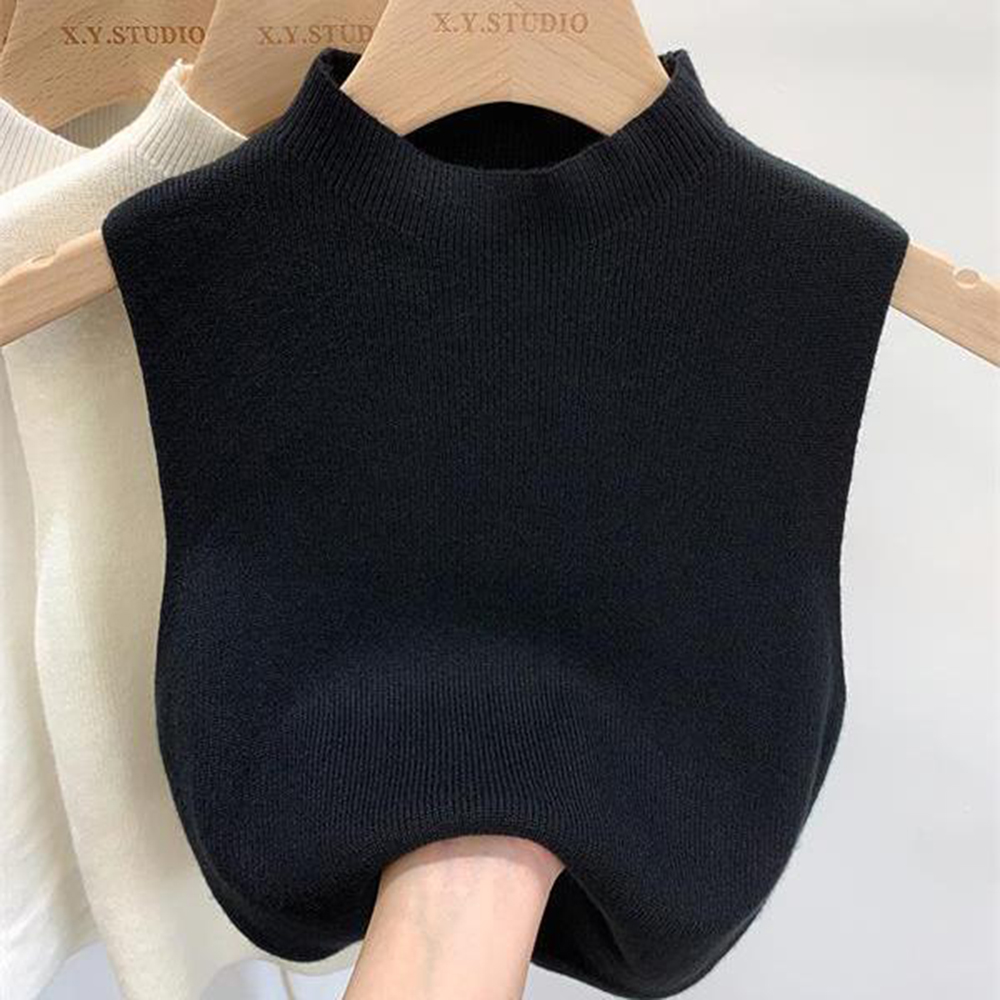 Camiseta sin mangas para mujer, camisetas tejidas de Color sólido, Top corto, camisola, suéter medio cuello alto, sin mangas para primavera y otoño: Negro