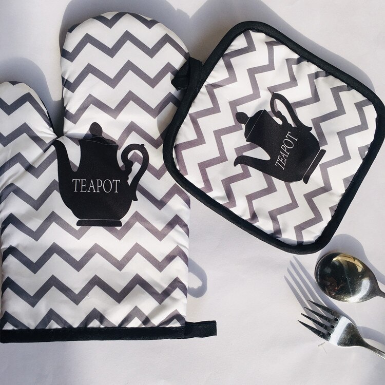 2pc/set Microwave Baking BBQ Glove Cotton Cute Oven Mitts Heat Resistant Linen Potholders Non-slip Kitchen Cooking Tools Mitten: TEAPOT