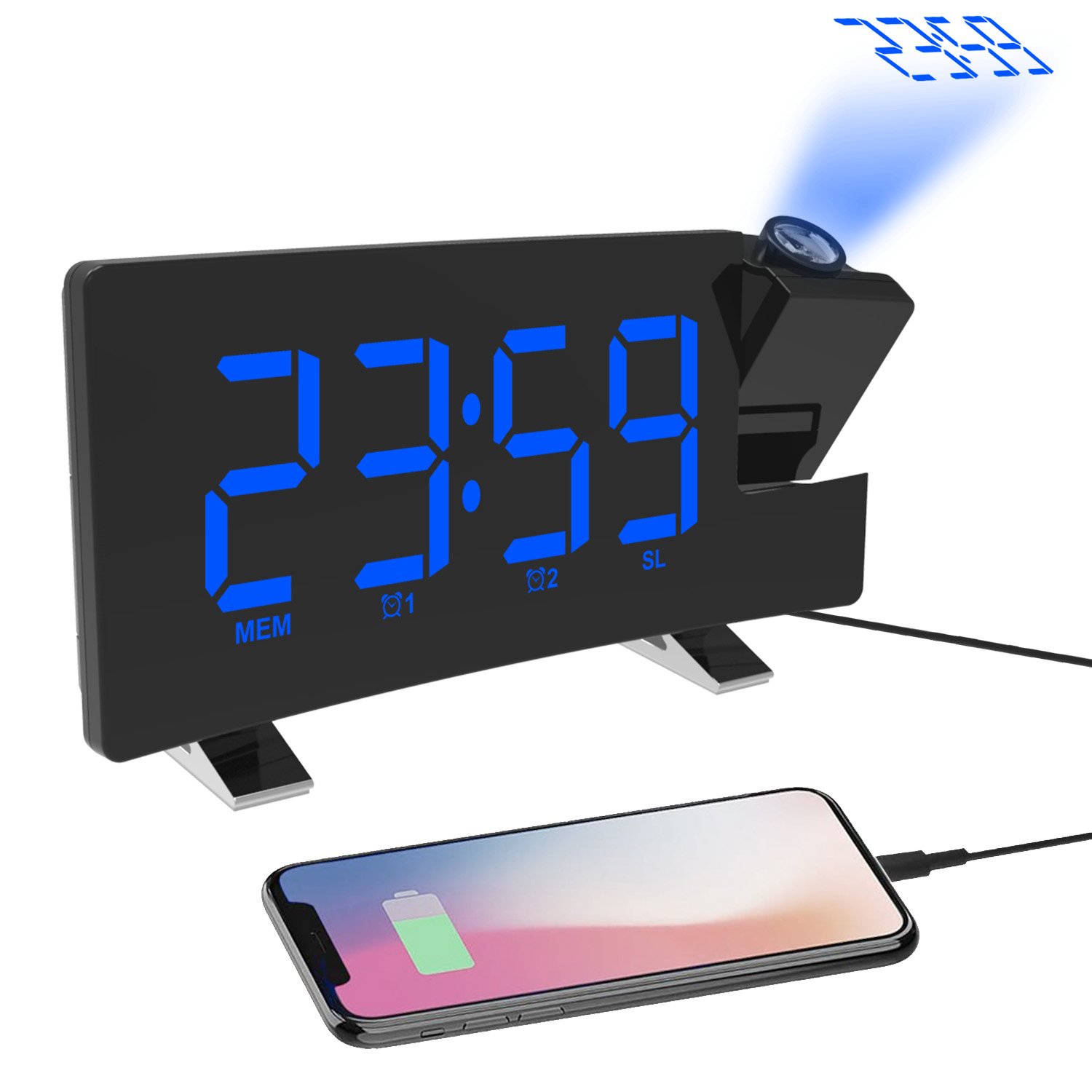 FM Radio Projection LED Digital Clock Smart Alarm Clock Watch Table Electronic Desktop Clocks Wake Up Clock Time Snooze 2 Alarm: Blue