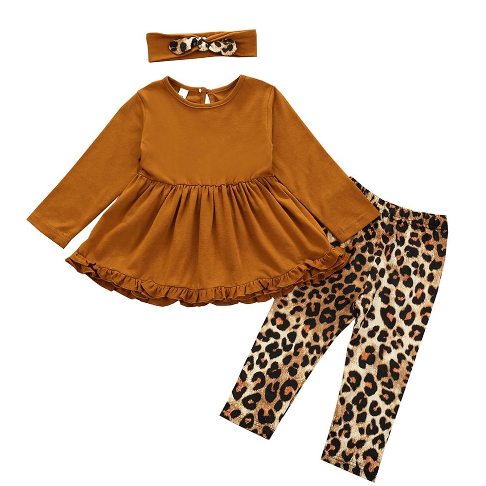 Infant Kids Baby Girl Long-sleeved Trousers Suit Solid Color Ruffles Shirt Leopard Elastic Long Pants and Headband 3pcs Set: Brown / 4T