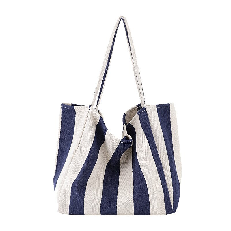 Large Capacity Canvas Women's Bag Retro Simple Striped Women's Shoulder Bag Multifunctional Casual Open Tote Shopping Bag: Wide Bar-Blue